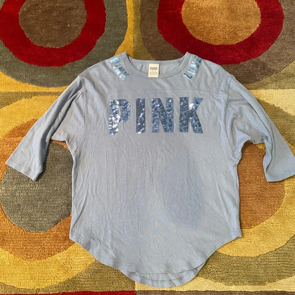 Victoria’s Secret PINK Blue Sequin Love Bling Graphic Tunic Top 3/4 Sleeves XS